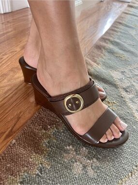 Italian Shoemakers Brown Wedge Mule with Gold Buckle